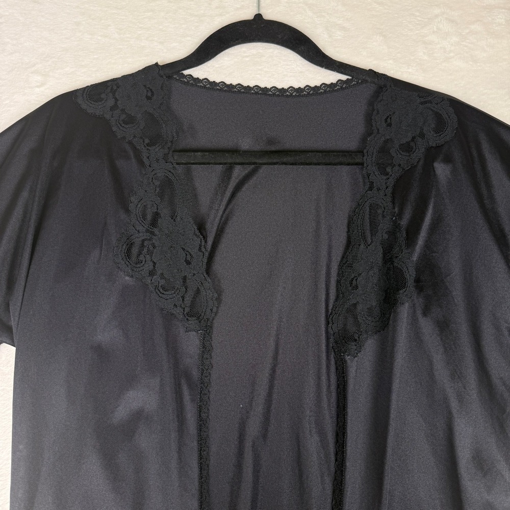 Vintage Black Nylon Lace Trim Robe Lingerie Cover Up Boudoir Glam One Size - Picture 2 of 4